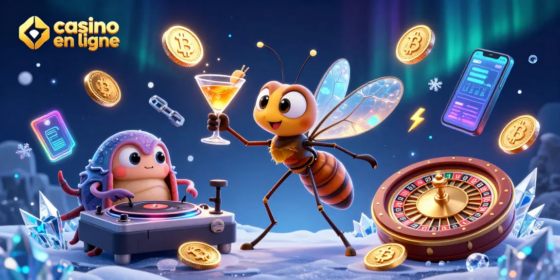 Illustration représentant un casino en ligne dynamique avec un moustique mascotte, un DJ trilobite, et une roulette en ammonite.