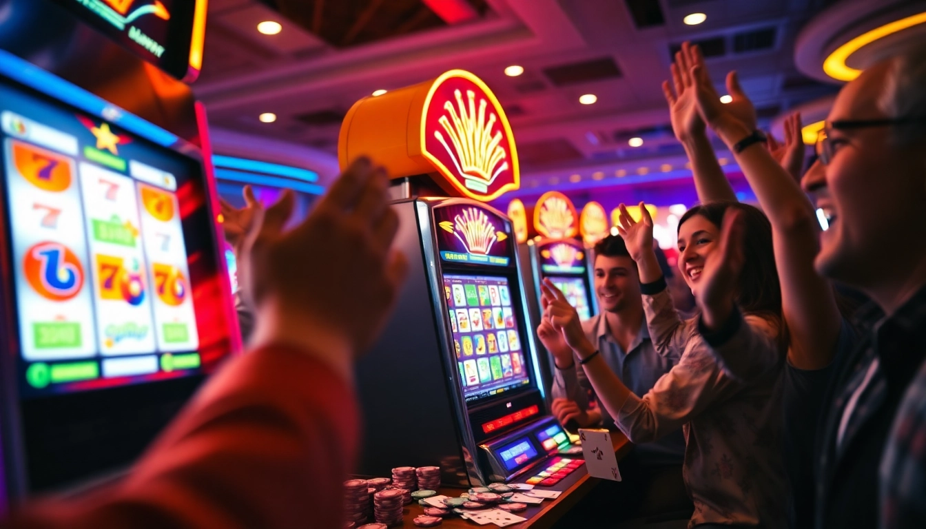 Engaging players at a vibrant slot machine in as38 slot gacor online casino, celebrating wins with excitement.