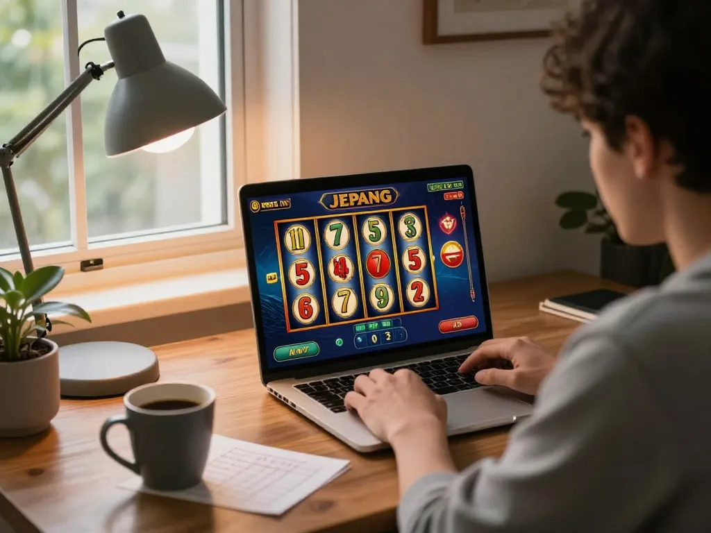 Player enjoying an exciting session of slot jepang on a laptop while surrounded by gaming notes and warm light