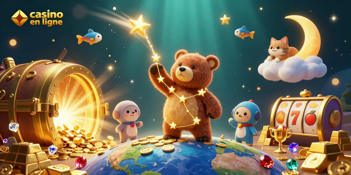 Plongez dans le monde du casino en ligne avec une illustration 3D captivante incluant des ours constellés.
