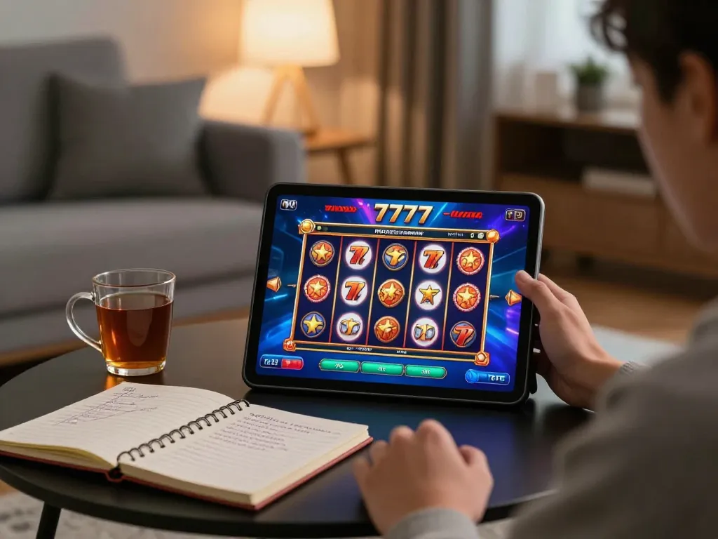Engaging moment of a player enjoying a slot777 game on a tablet in a cozy living room, emphasizing responsible gaming.