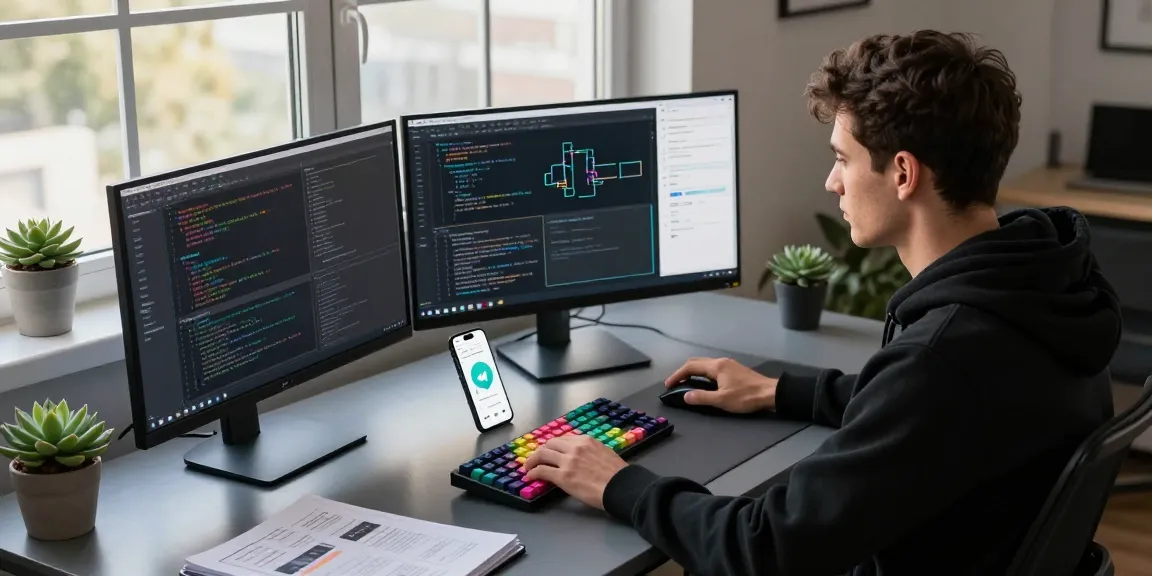 Download telegram中文版下载 on a sleek tech workspace with a developer coding.