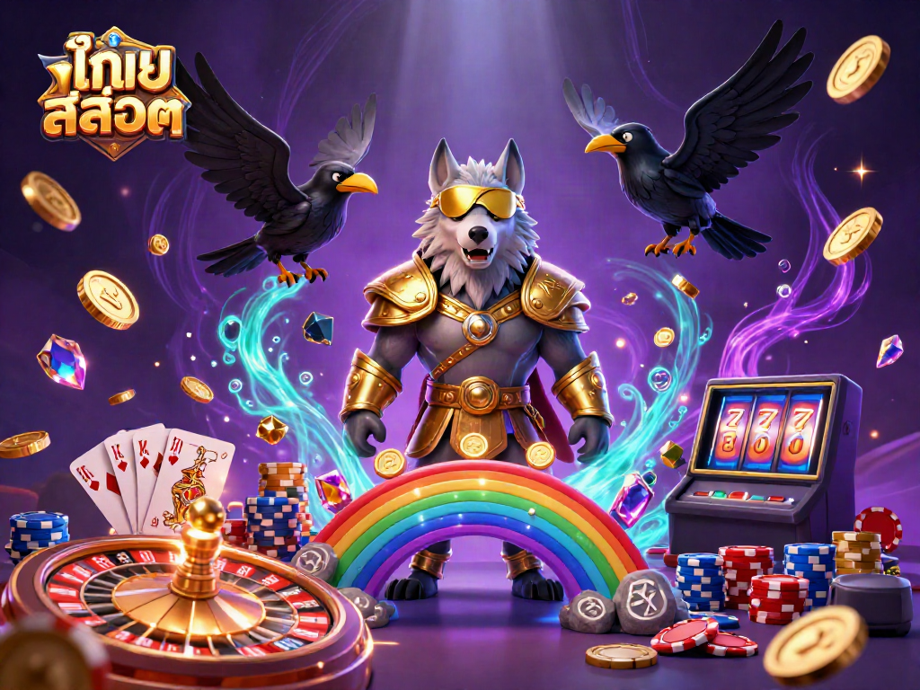 Engage with ไทย สล็อต in a vibrant casino scene featuring Odin and ravens amidst gold coins and roulette.