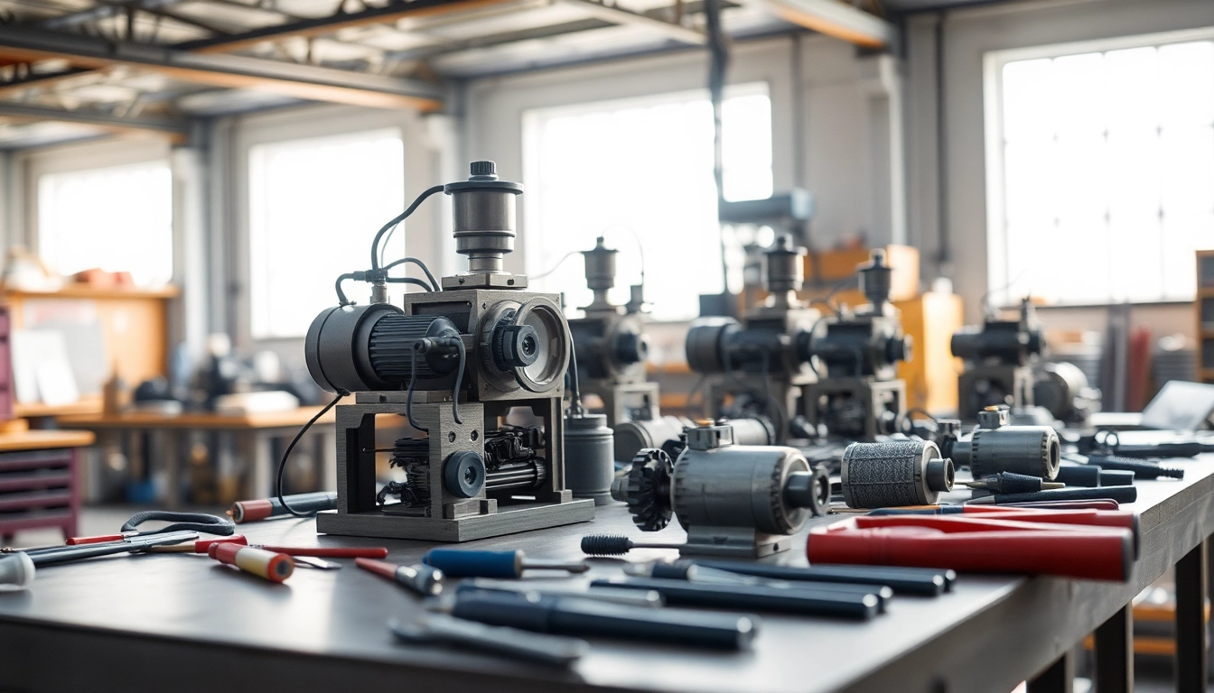 Industriemodellbau zeigt präzise Maschinenmodelle in einer hellen Werkstatt.