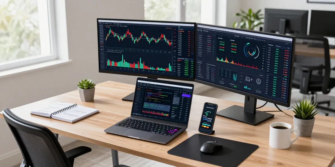 Trusted cloud mining company depicted in a professional cryptocurrency trading workspace with monitors showing market data and analytical tools, showcasing innovative blockchain technology.