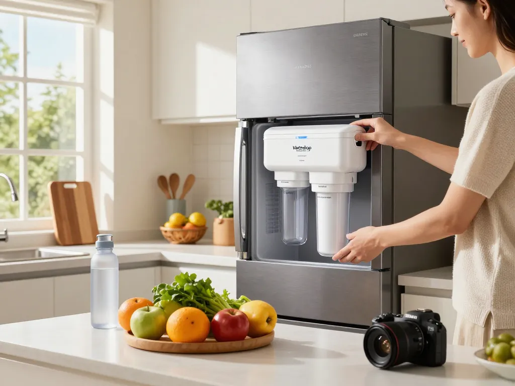 Installing Waterdrop Replacement for Samsung® DA29-00003G filter in a modern kitchen, showcasing healthy living.