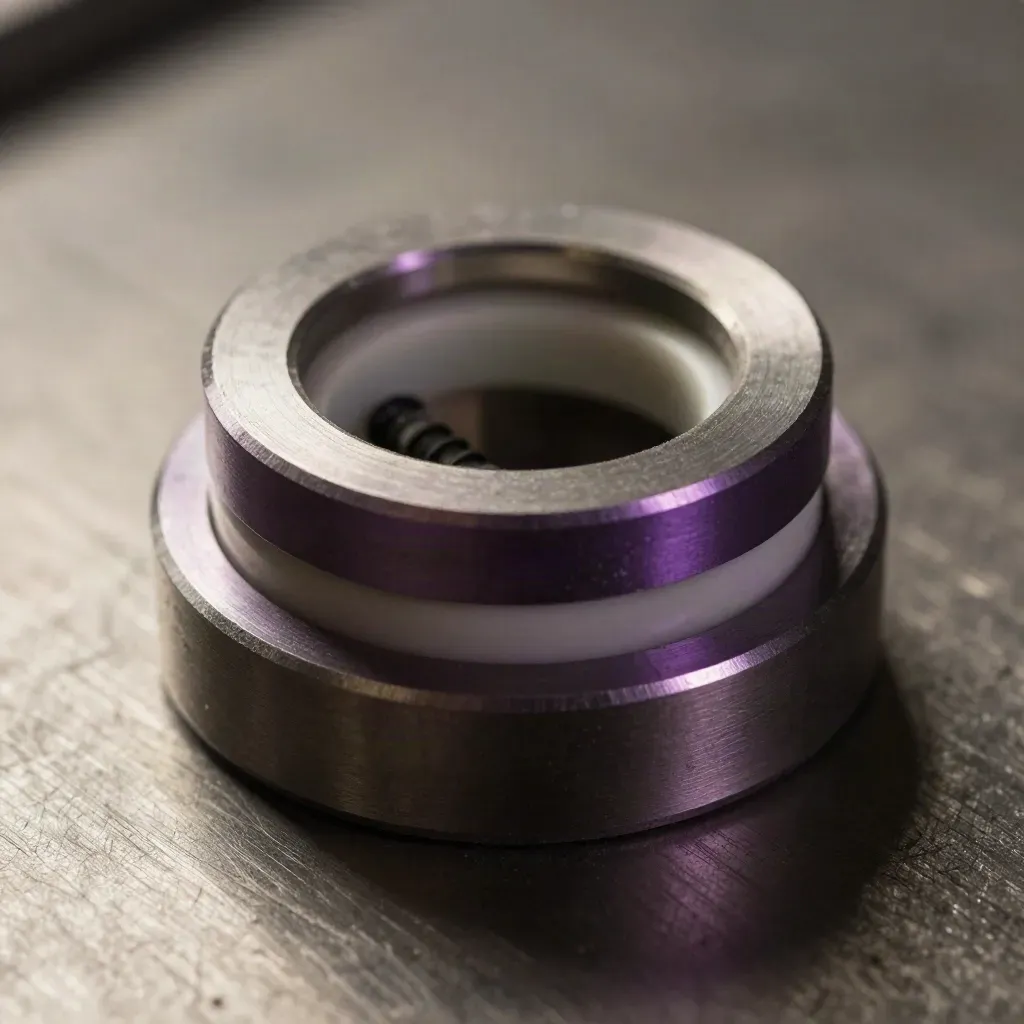 Top-down macro of machined aluminum rings, black screws and a ceramic spacer on brushed steel.