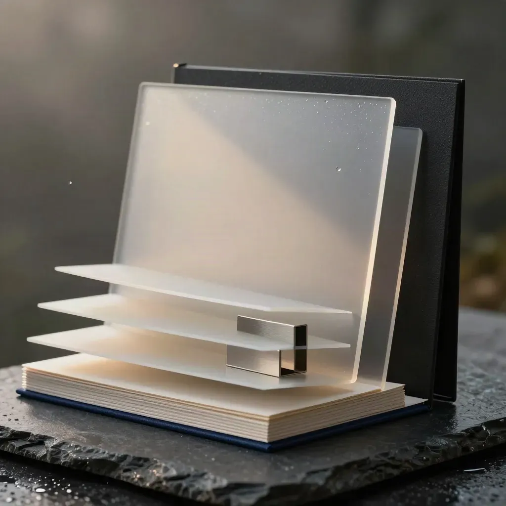 Frosted acetate overlays, black folios and an aluminum block on a rain-damp slate plinth.