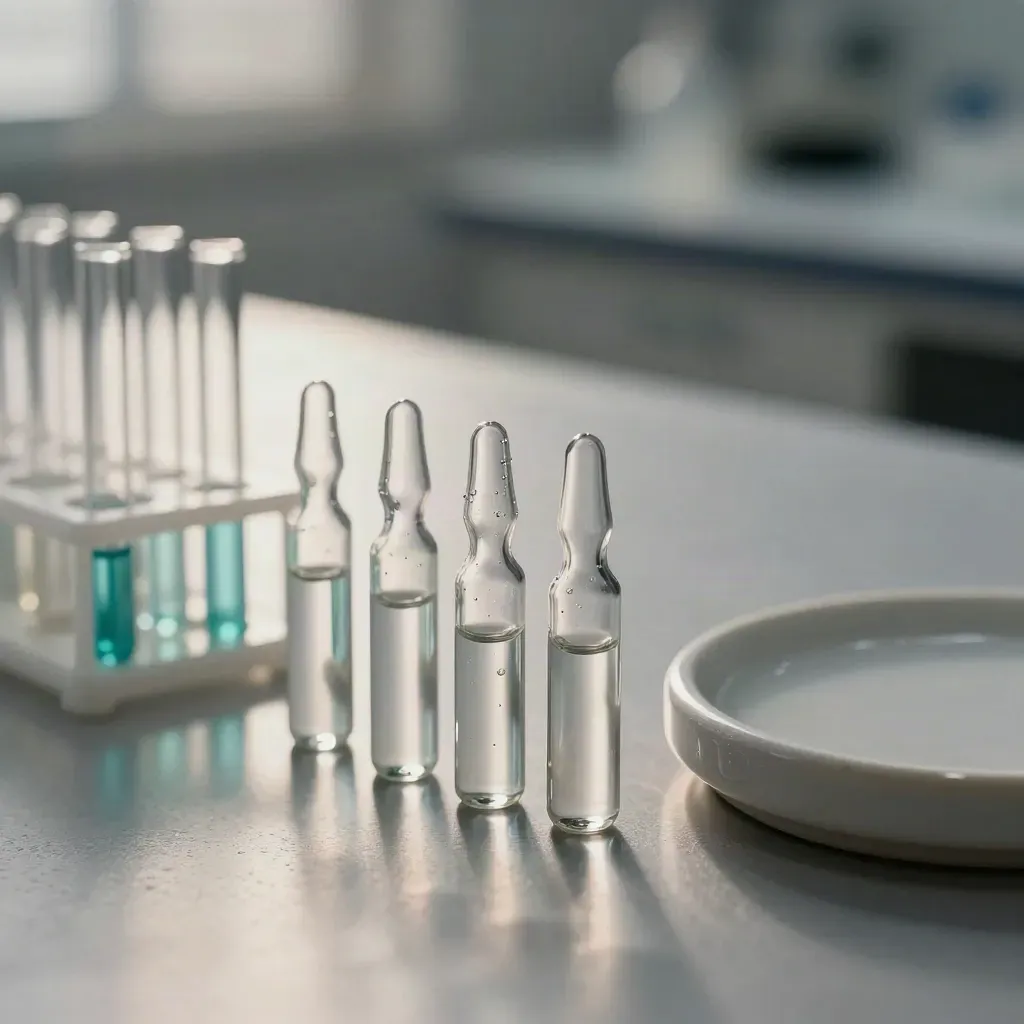 Macro still life of lab ampoules, microtube rack, and ceramic dish lid on brushed steel.