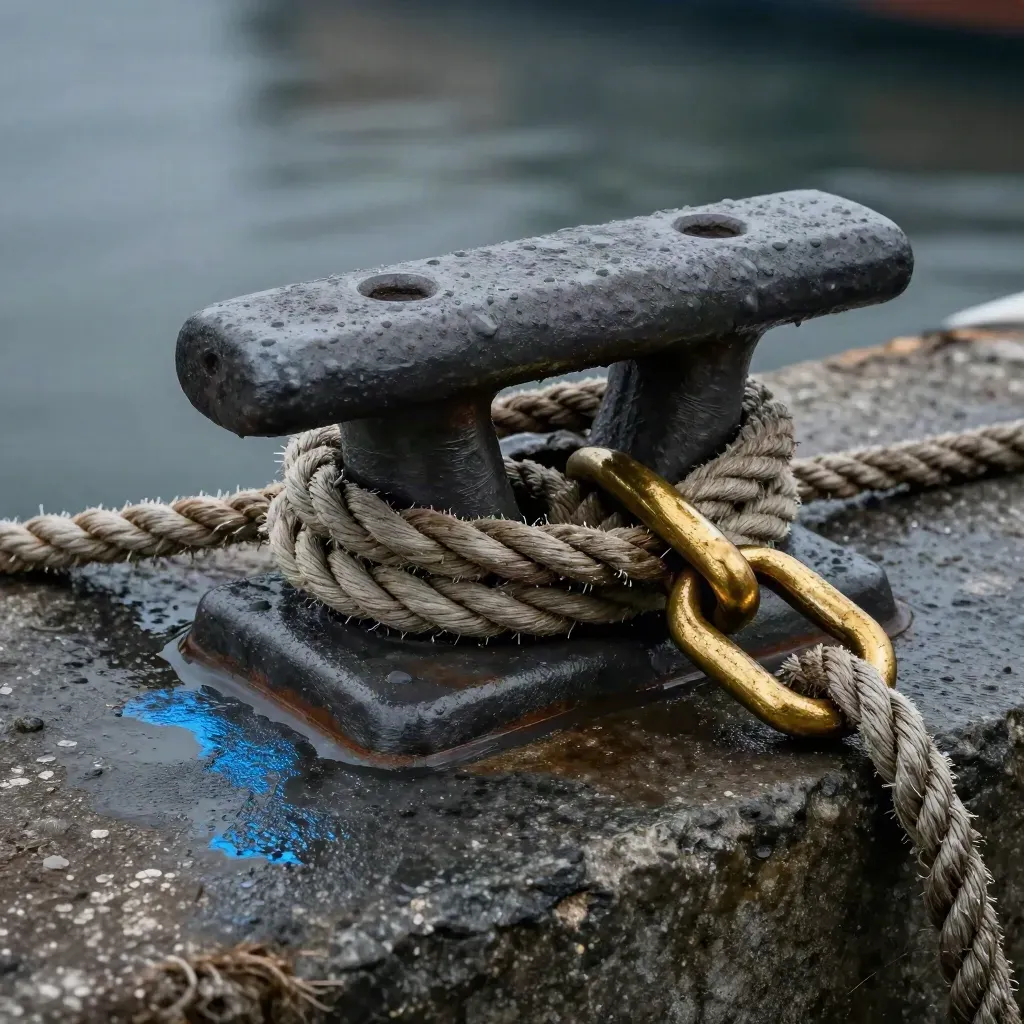 Dock cleat with mooring rope and brass shackle in a moody harbor still life.