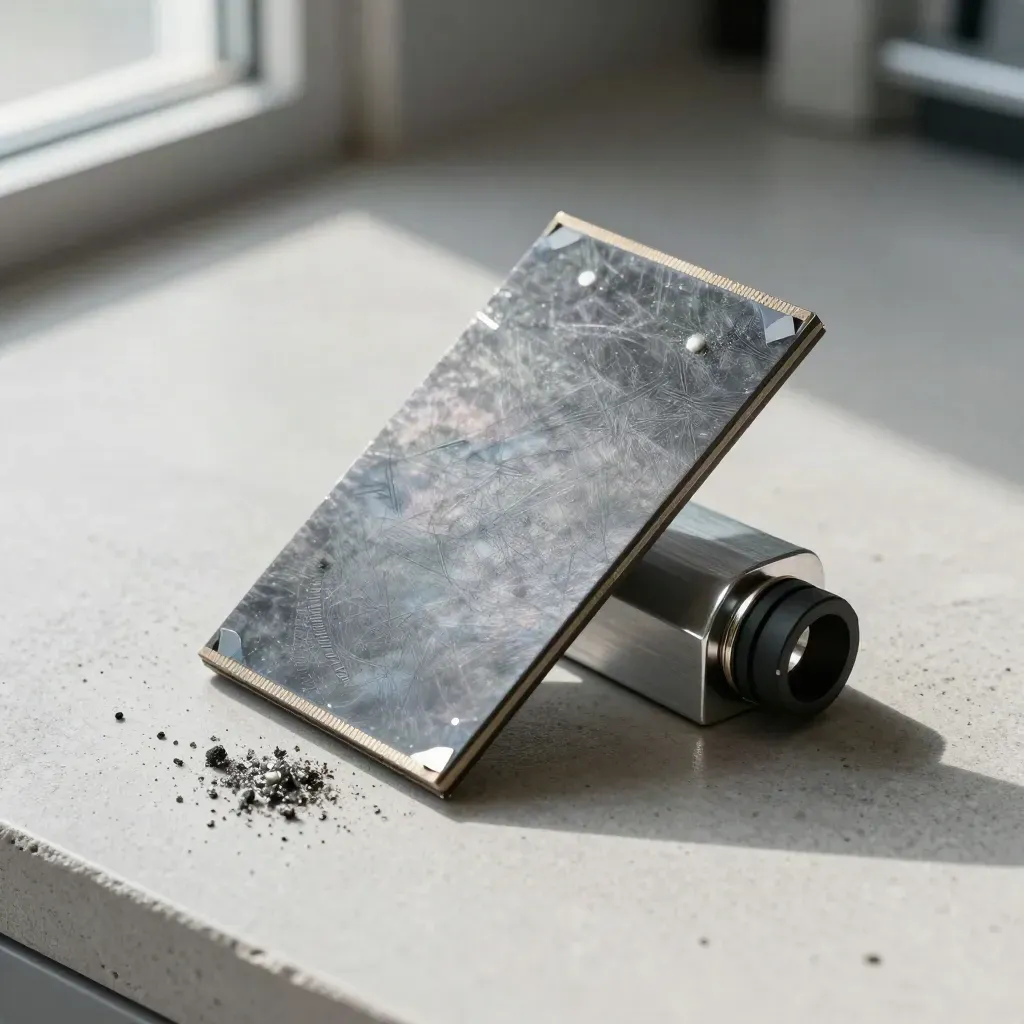 Overhead still life of a silicon wafer, aluminum mount, and cable gland on pale stone.