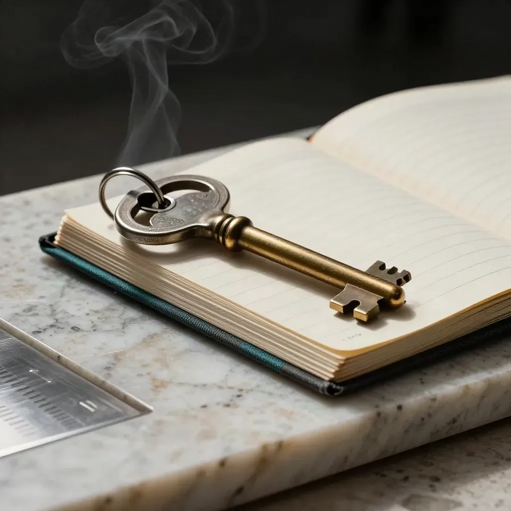 Vault key on a security token beside bound ledger cards on pale travertine.