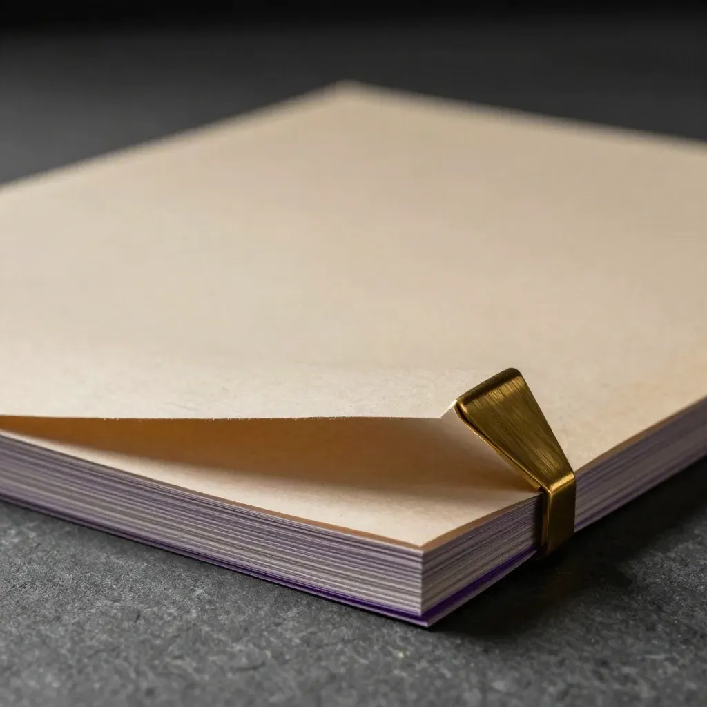 Macro still life of a folded report folio, brass clip, and paper tabs on graphite stone.