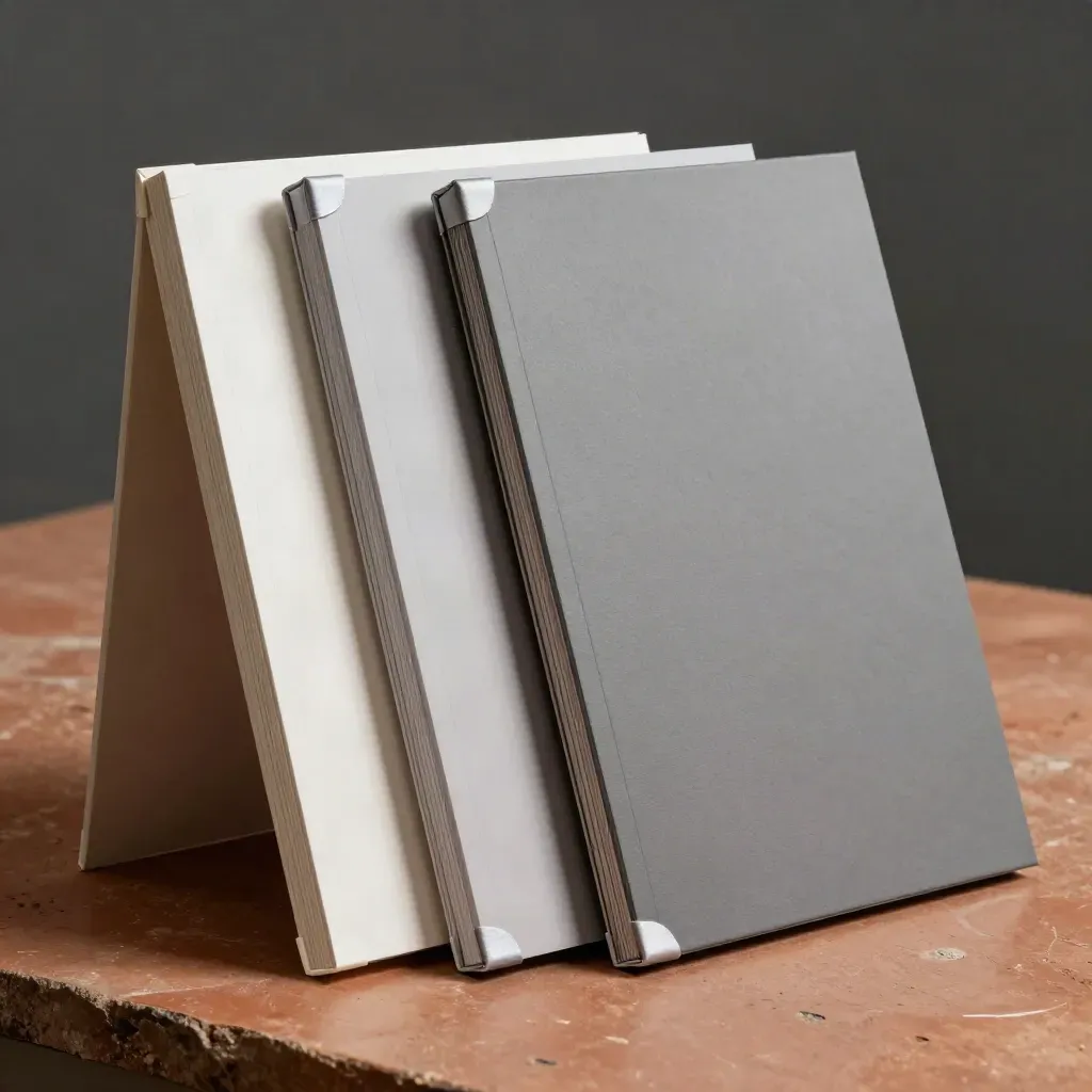 Overhead still life of three mounted presentation boards with a translucent separator sheet and satin mounts