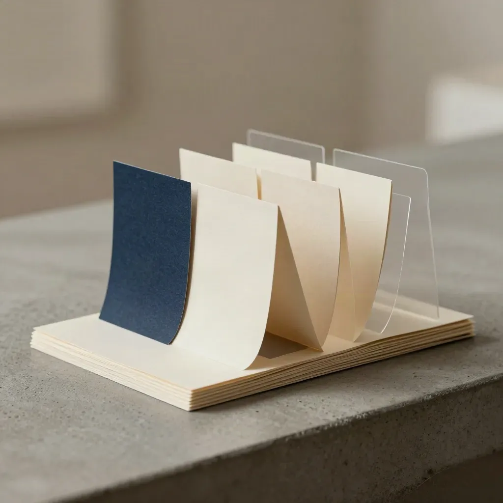 Macro paper infographic kit with blank flags and translucent overlay on concrete