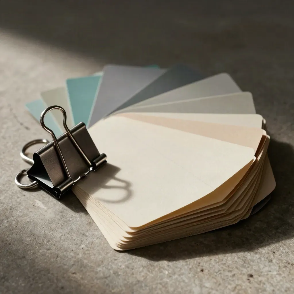Top-down macro of paper chart swatches on a brushed metal ring over stone.