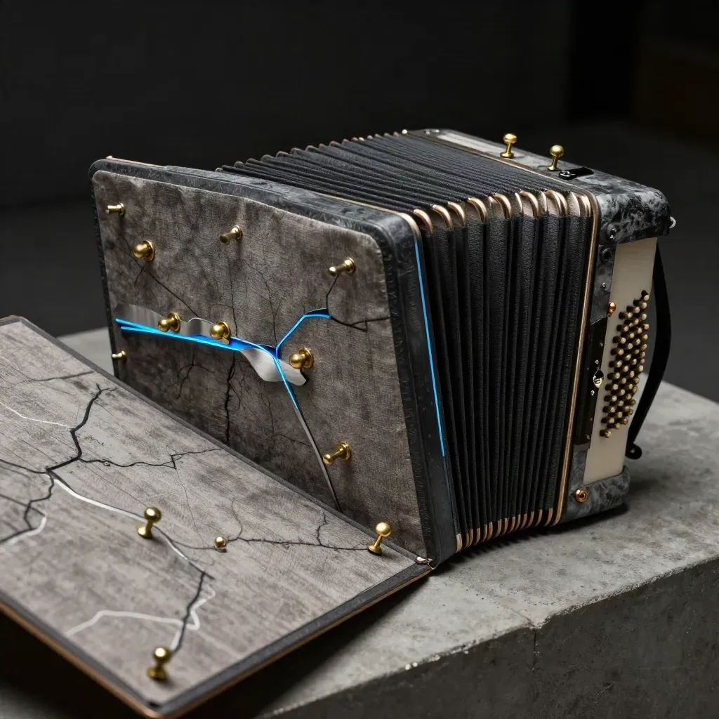 Accordion-folded map board with brass pins and a curved route marker on concrete.