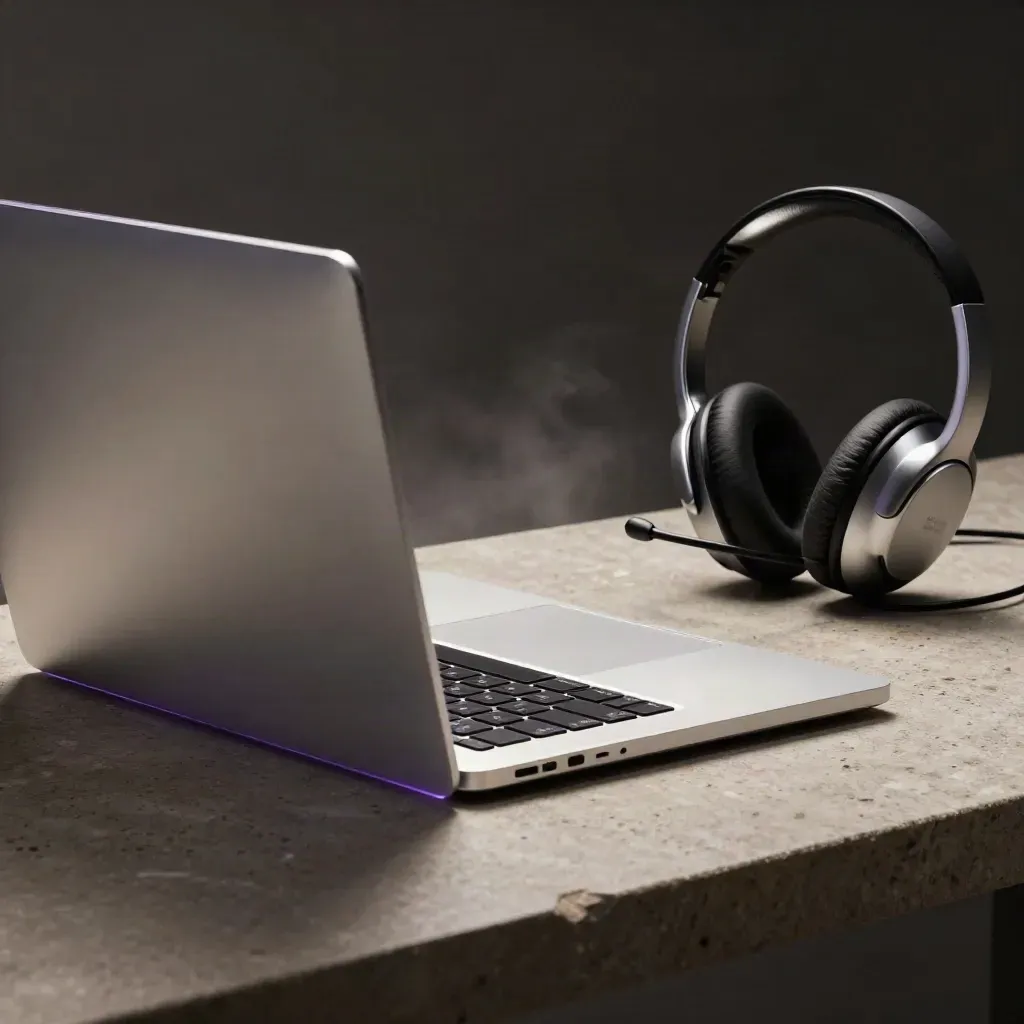Closed laptop, compact keyboard and headset dock behind frosted acrylic in cool haze.
