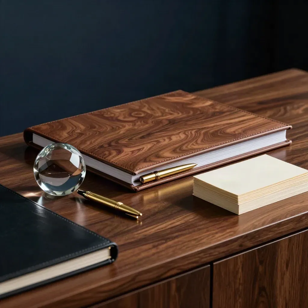 Walnut folio closing over a brass pen beside a glass paperweight on a polished credenza.