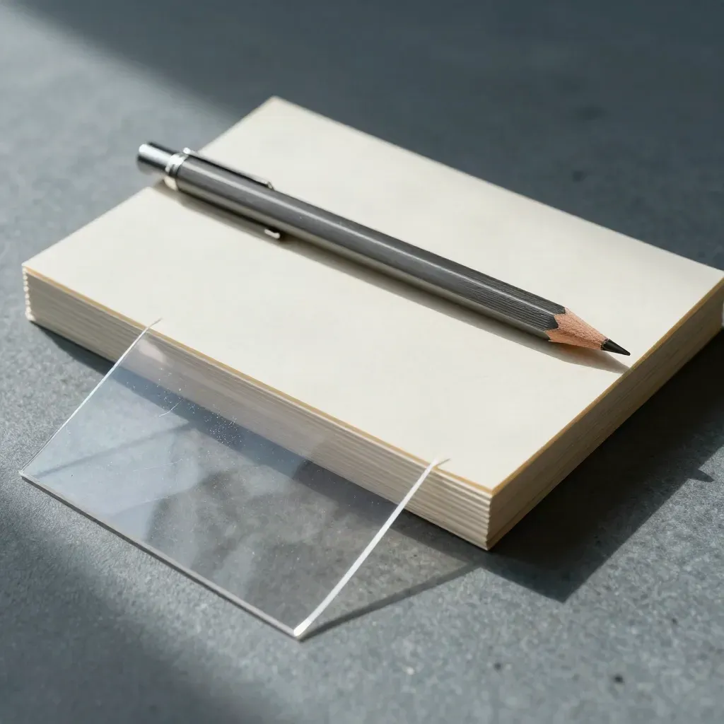 Mechanical pencil across blank analysis cards with a clear acetate sheet, top-down closeup.