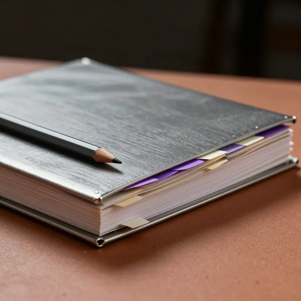 Metal binder, graphite pencil and stacked approval tabs on a terracotta proofing surface.