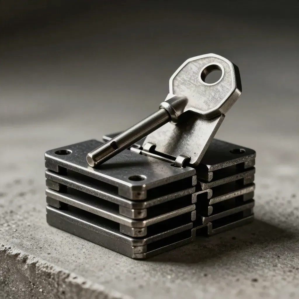 Steel link plates, hex key and modular blocks in a dramatic studio still life