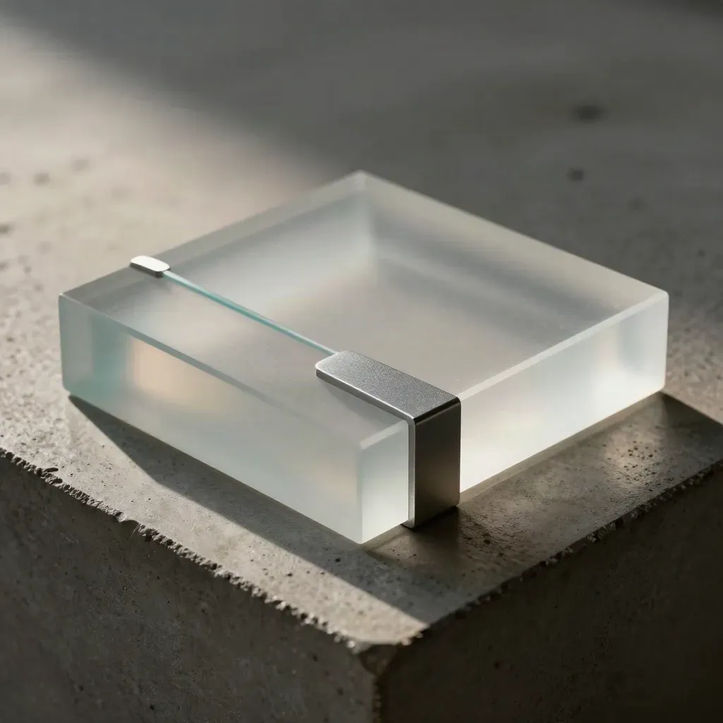 Frosted acrylic blocks and spacers align in a precise grid on cool concrete, top-down macro.