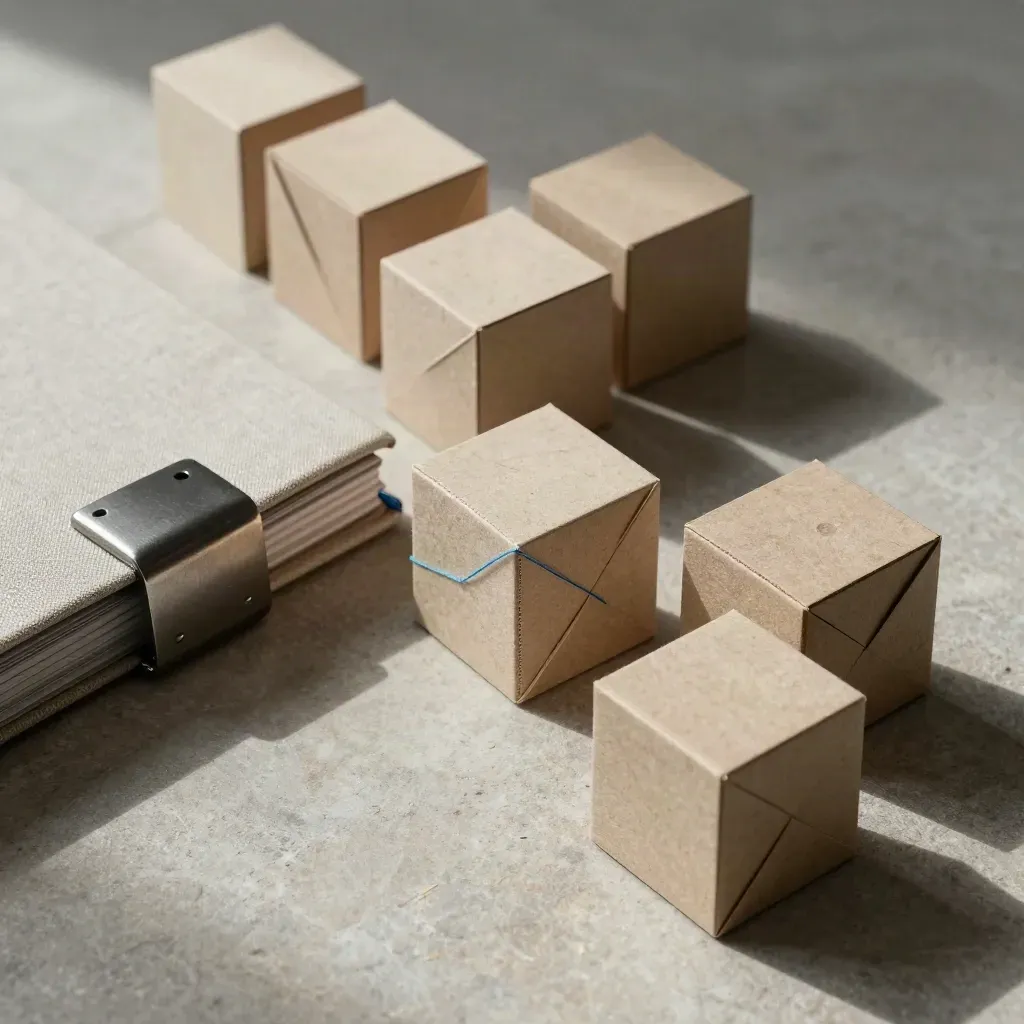 Overhead still life of paper cubes, linen binder, and graphite clasp on limestone.