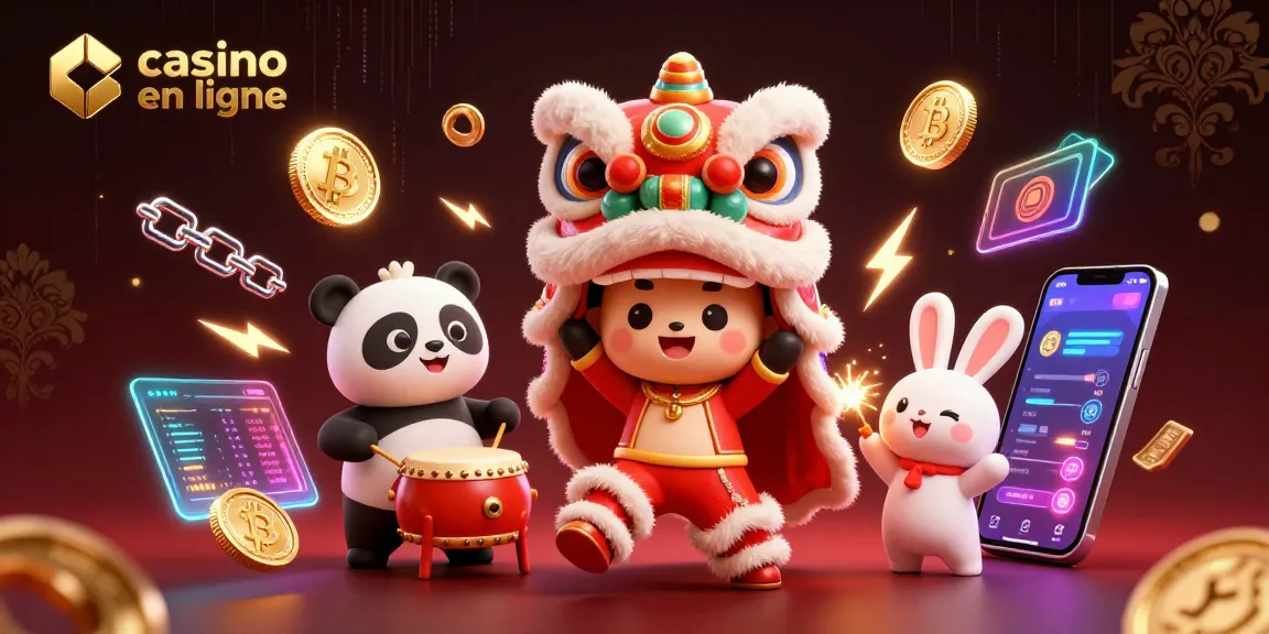 Jouez au casino en ligne avec des personnages 3D dans une scène festive parmi des éléments cryptographiques.