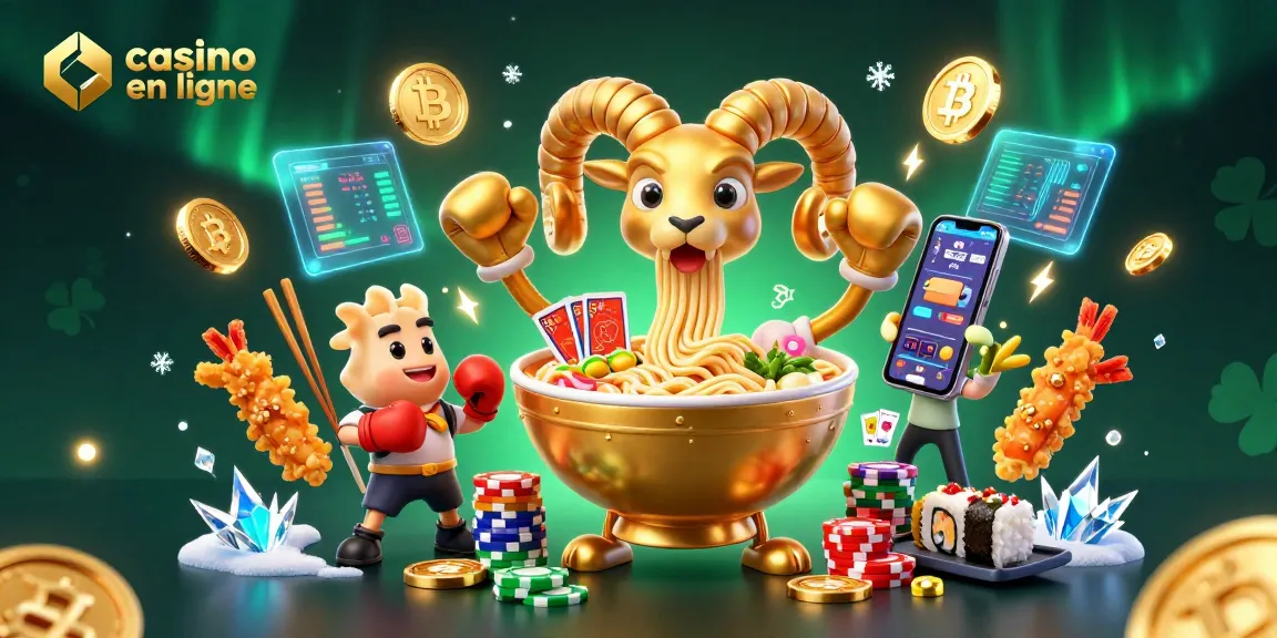 Casino en ligne : illustration d'un ramen et des éléments de jeu animés dans un environnement lumineux.