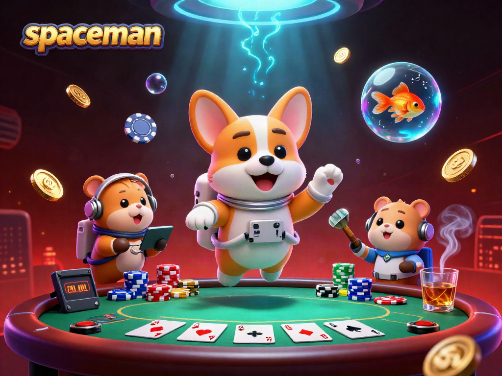 Experience spaceman adventures in a dynamic floating casino scene with poker chips and colorful characters.