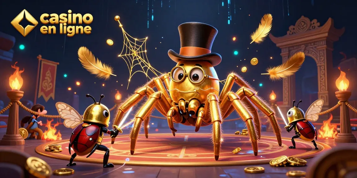 Ce casino en ligne présente une illustration animée de personnages de jeux entourés de feux d'or et de jetons.