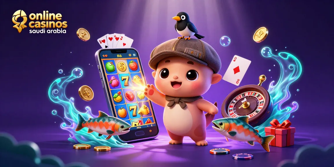 Engage with online casinos saudi arabia through vibrant 3D casino-themed illustration featuring animated characters and game elements.