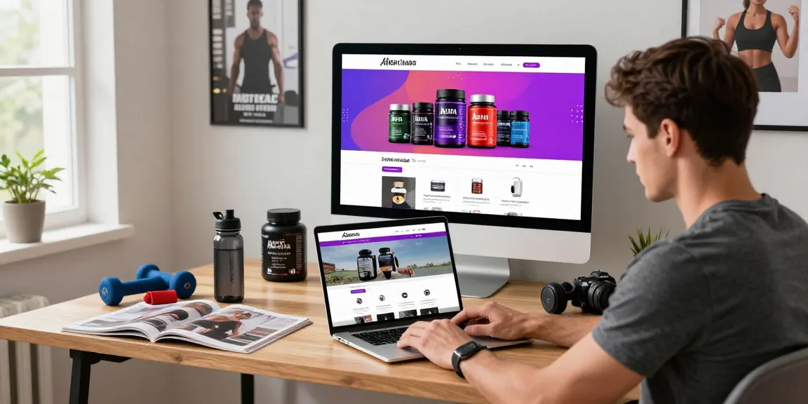 Fitness enthusiast shopping at Astera Shop online in a bright home office.