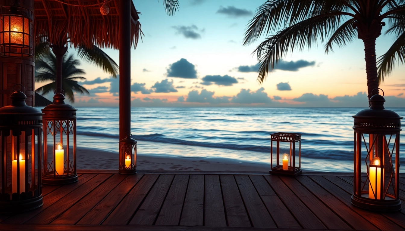 Soothing island light shines on a tranquil beach with glowing lanterns and silhouettes of palms.