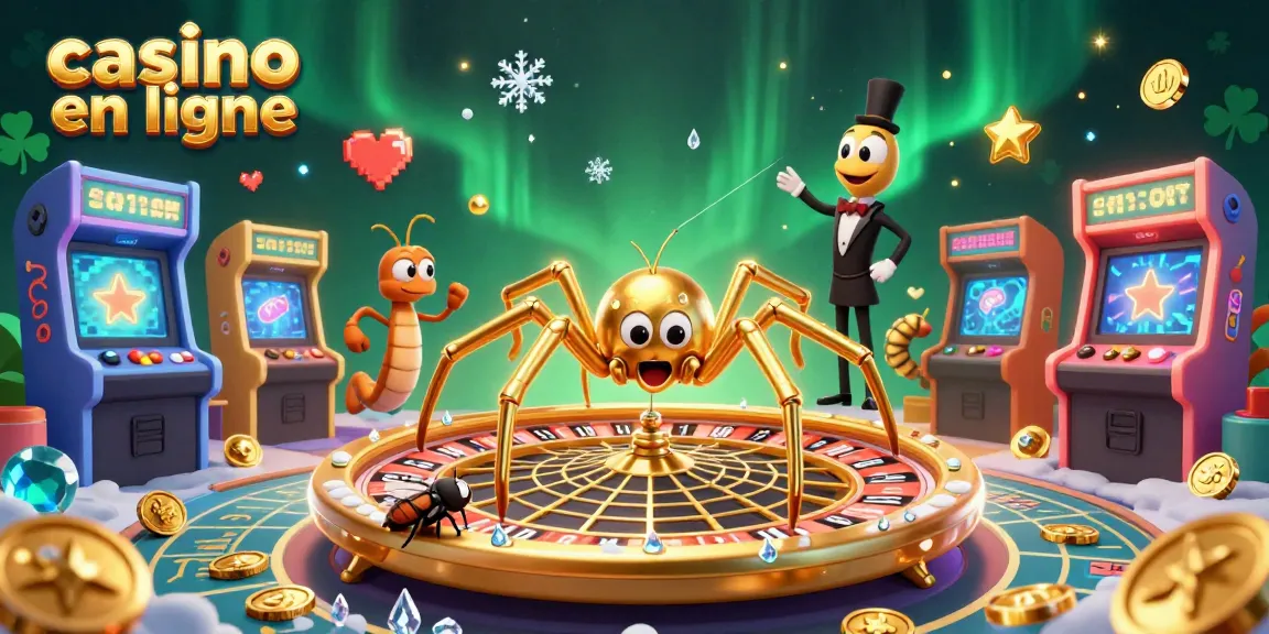 Visuel dynamique de casino en ligne avec une araignée dorée et des éléments de jeux colorés.