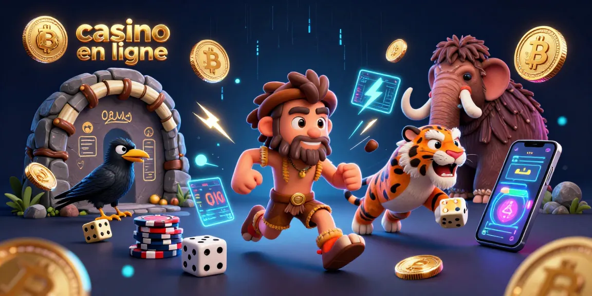 Engagez-vous au casino en ligne avec un duo d'hommes des cavernes et un tigre dans une illustration dynamique.