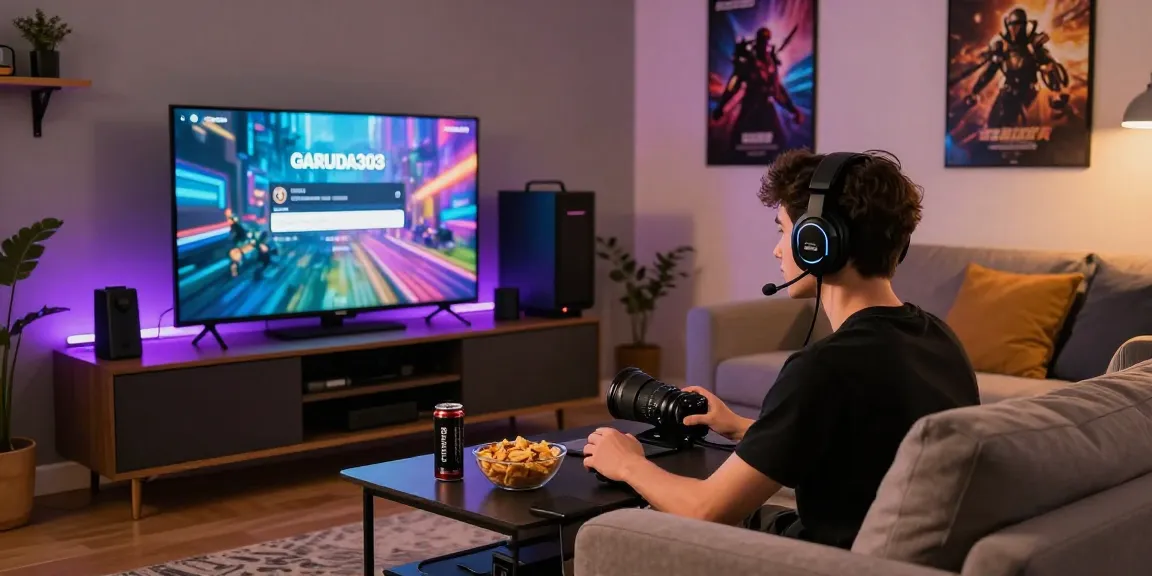 Young gamer logging into GARUDA303 platform in modern living room.