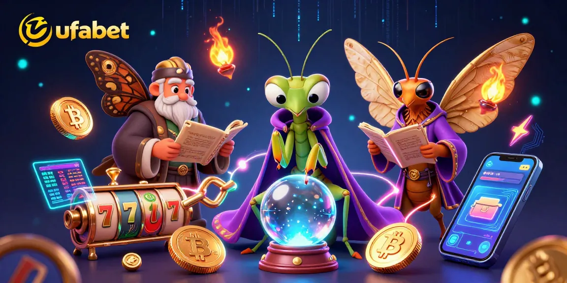 Experience thrilling ufabet gaming with a 3D fortune teller and crypto elements in a vibrant casino scene.