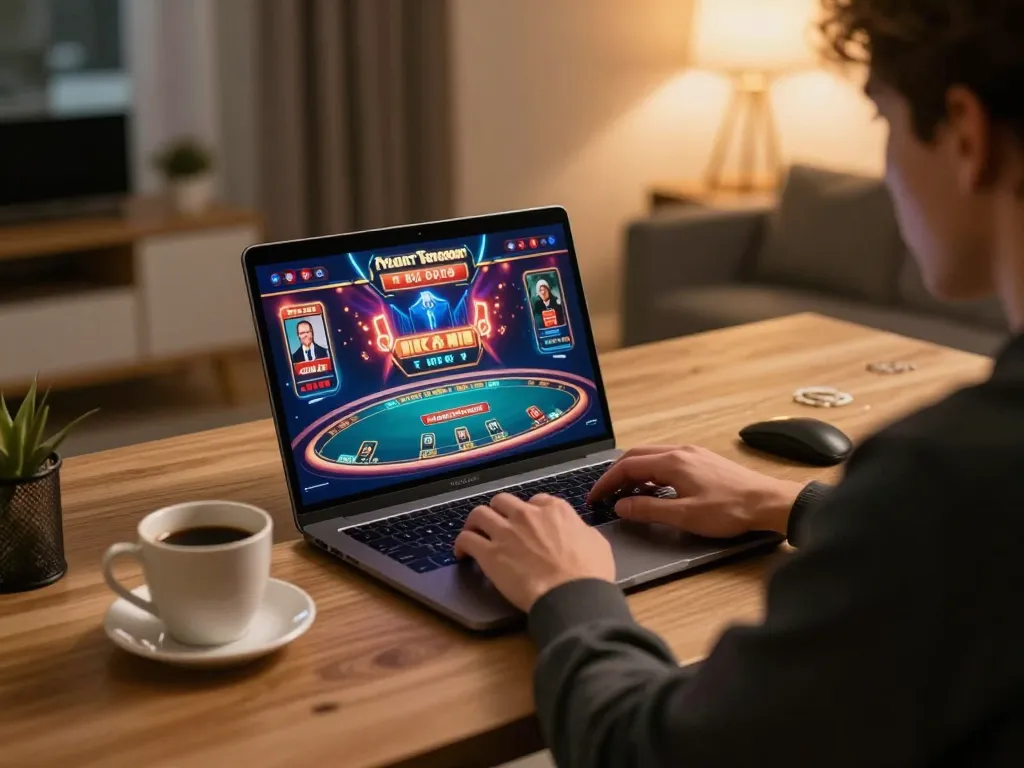 Player engaging in online gambling experience with 58win1 on laptop, warm home setting.