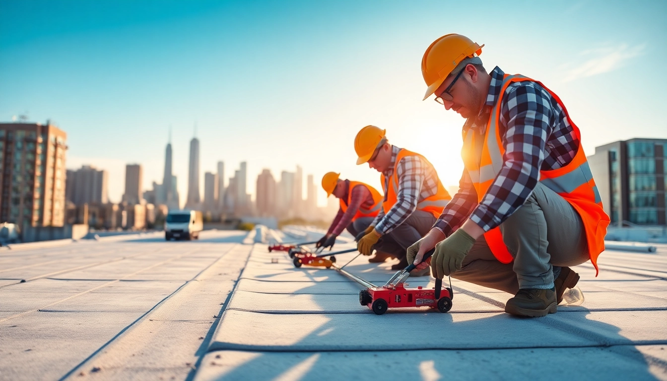 Delivering quality commercial roofing services with a professional team during an inspection in a business district.
