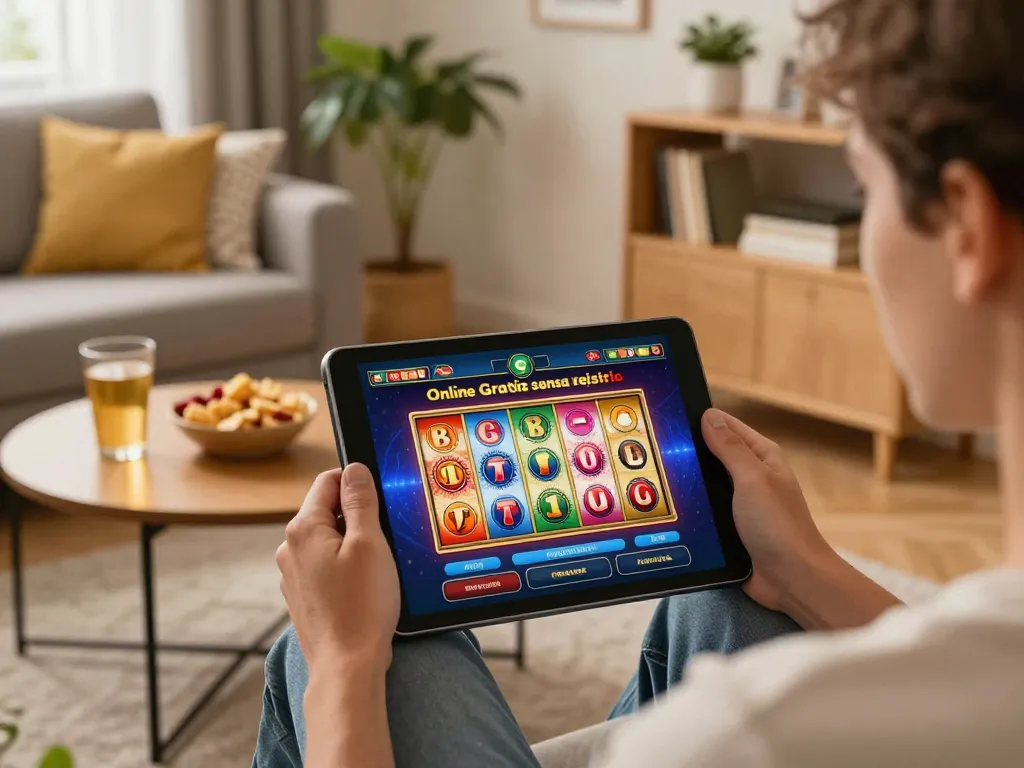 Enjoying casino online gratis senza registrazione on a tablet in a cozy living room setting