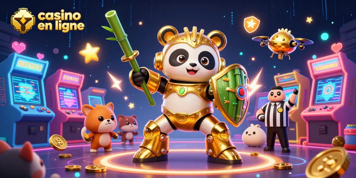 Jouer à des jeux captivants de casino en ligne avec un panda en méca dans une illustration dynamique.