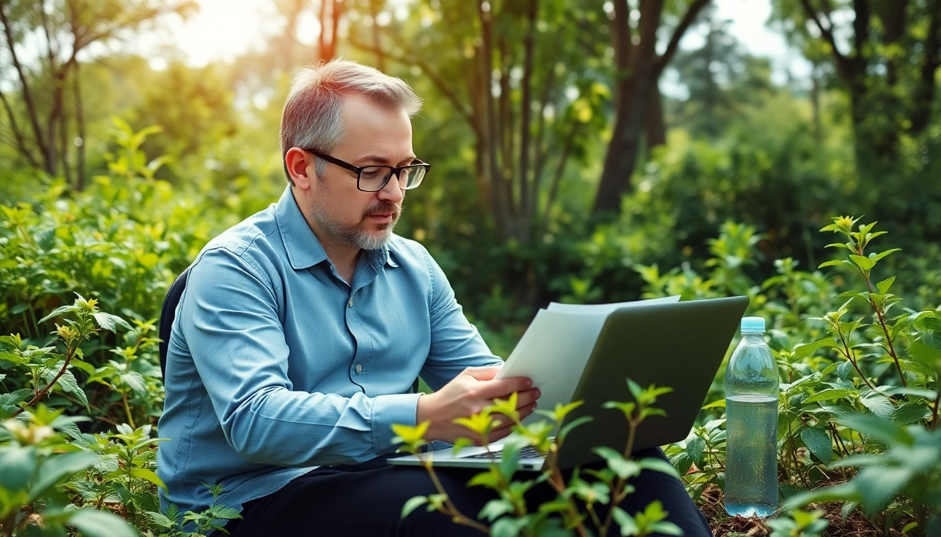 CYB Environmental expert engaged in sustainable analysis amidst nature's beauty.