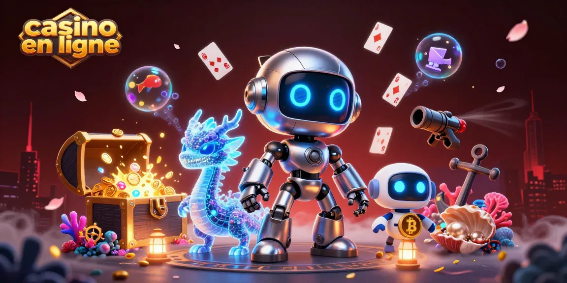 Plongez dans l'univers du casino en ligne avec ce robot cyberpunk et son dragon IA, remplis de trésors.