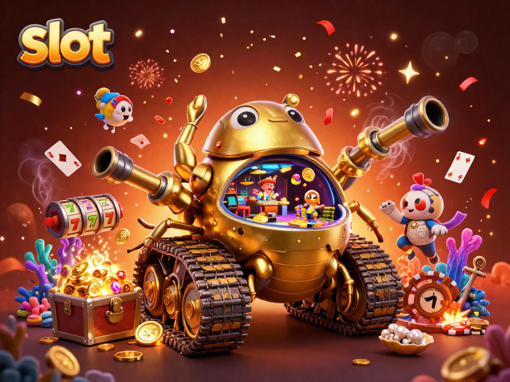 Experience the thrill of slot gaming with a gold beetle tank casino bursting with coins and confetti!