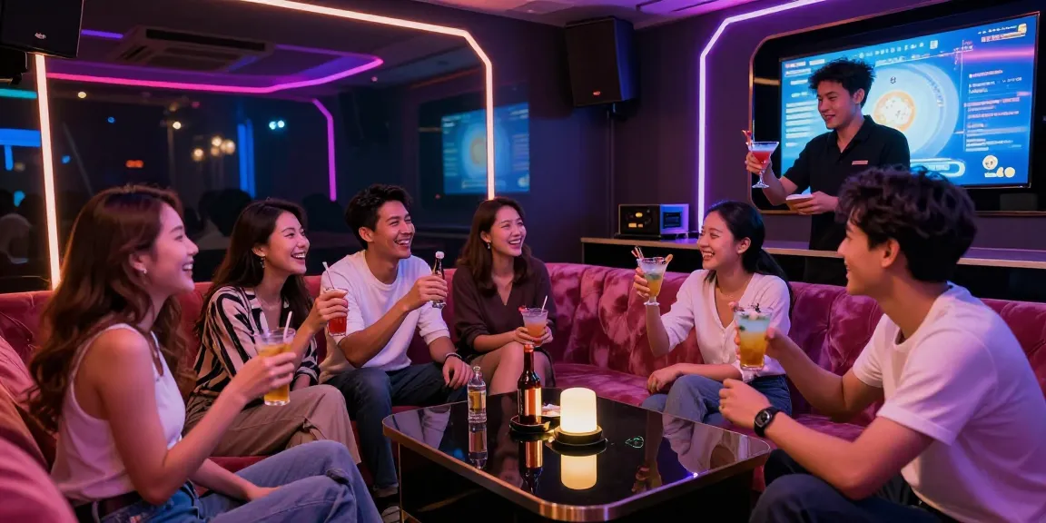 Friends enjoying vibrant karaoke experience at www.3no.org in a stylish lounge.