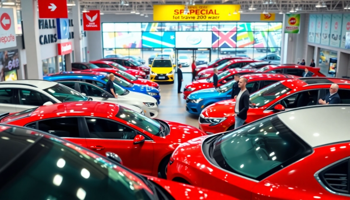 Buy a car showcased in a vibrant car showroom with happy customers and sales associates.