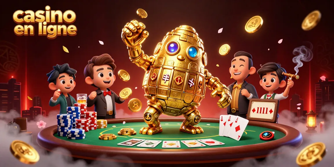 Une illustration de casino en ligne avec un golem doré et des tables de poker animées.