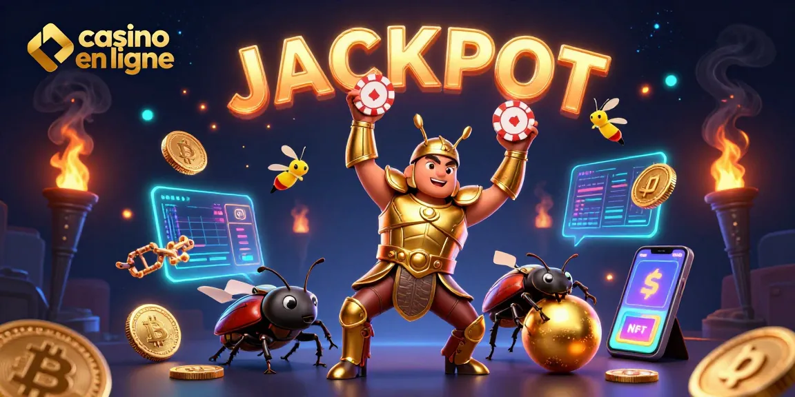 Profitez de l'ambiance festive d'un casino en ligne avec un scarabée en armure levant un jeton de poker.